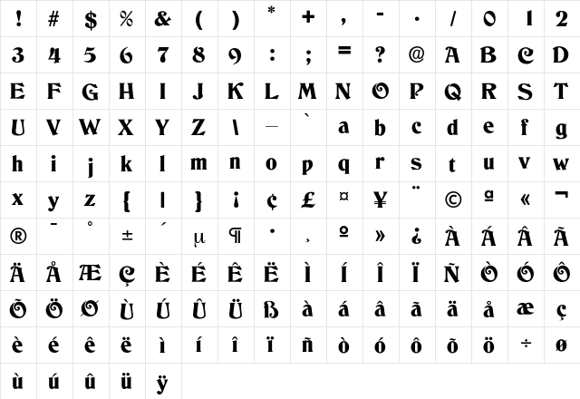 Columbus Regular  glyph index