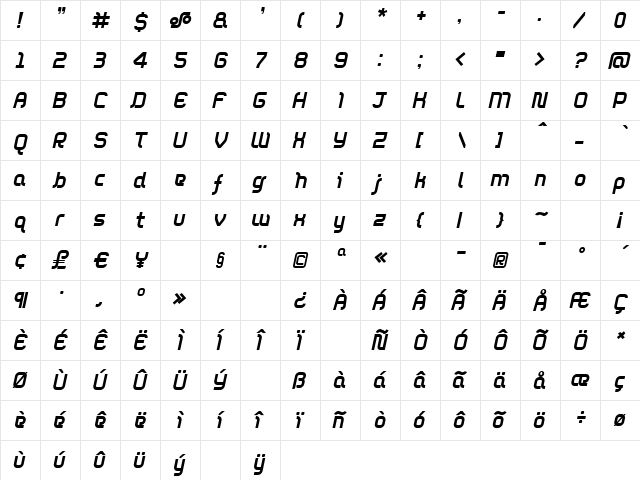 DieppeRegular Oblique Regular  glyph index