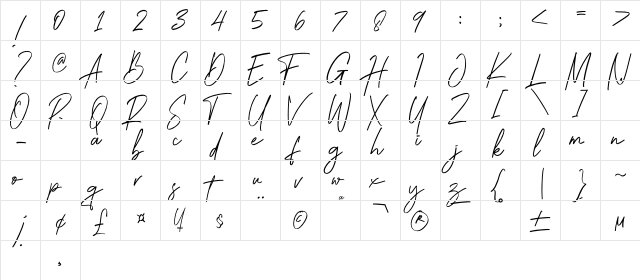 Brightness Regular  glyph index