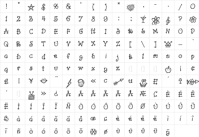 Dancin Regular  glyph index