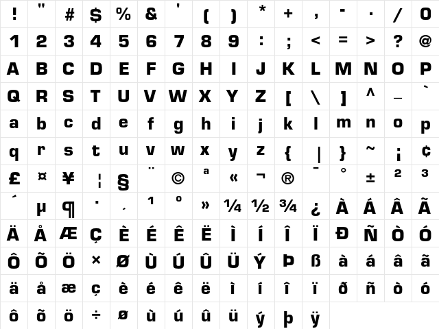 Eurostile Bold  glyph index