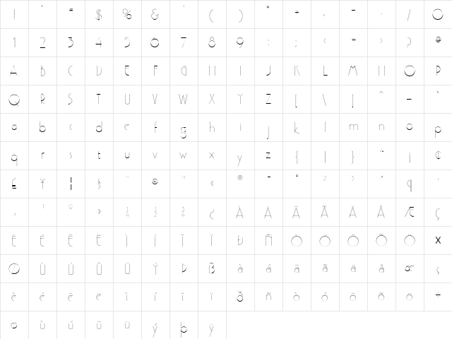 GatsbyFLF Regular  glyph index