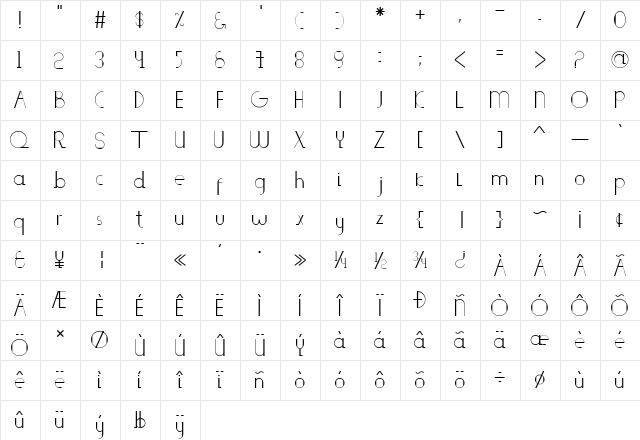 saleng Regular  glyph index