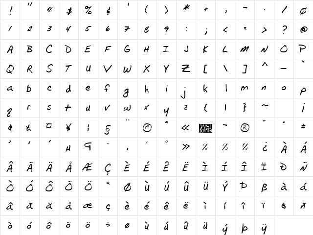 FranklinsHand Regular  glyph index