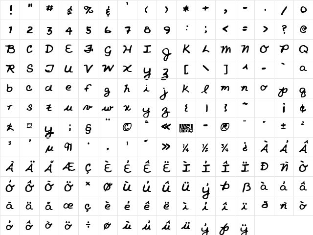 NicholesHand Regular  glyph index