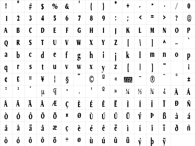 GriffonCondensedXtrabold Regular  glyph index