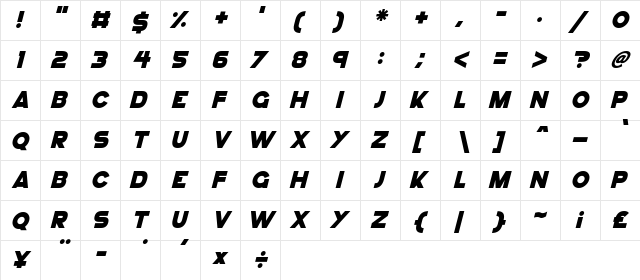 GoGo Hack Italic  glyph index