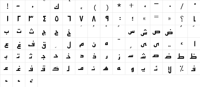 Arabic7KufiSSK Regular  glyph index