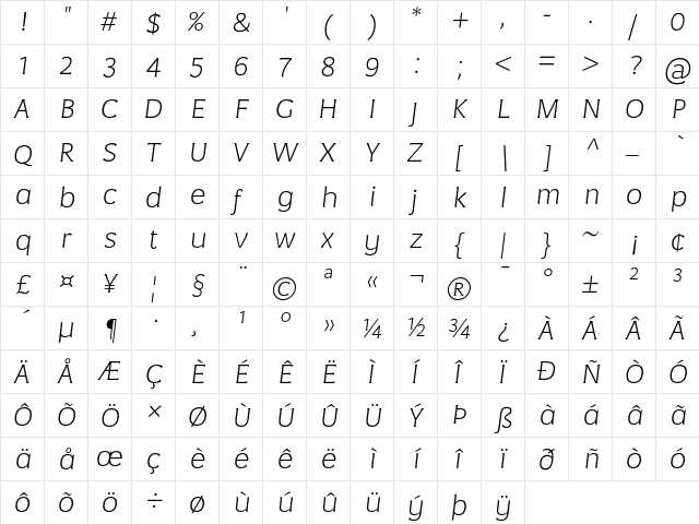 Negara Serif Hairline Italic  glyph index