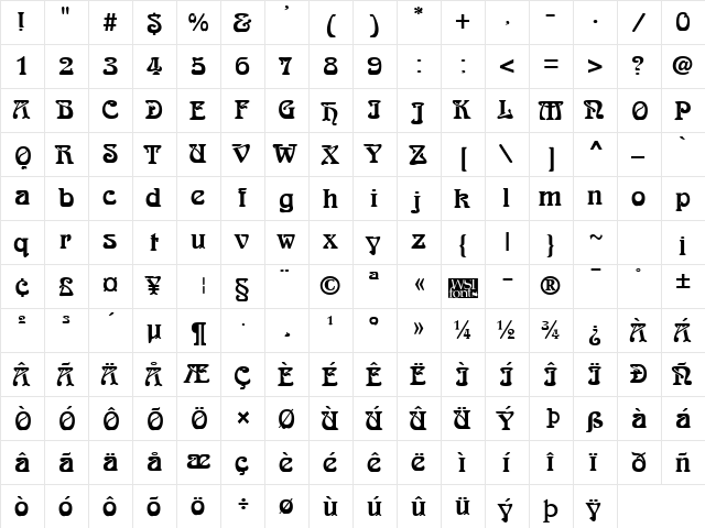 Romaneste Regular  glyph index
