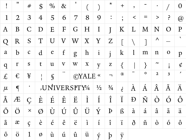 YaleAdmin Roman  glyph index