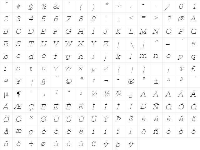 URWEgyptienneTExtLigExtWid Oblique  glyph index