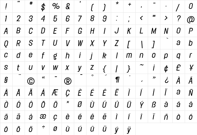 Elephant Light Italic  glyph index