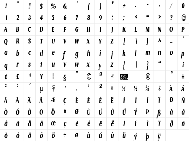 GriffonCondensedXtrabold Italic  glyph index