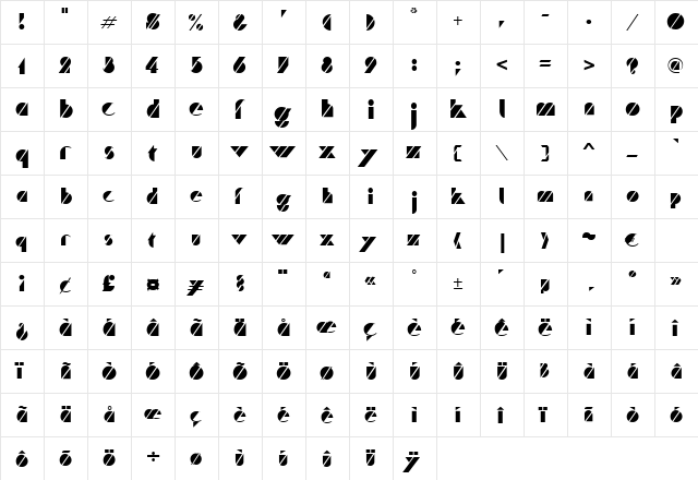 Playmate Regular  glyph index
