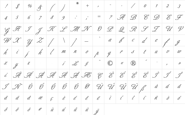 Berthold Script BQ Regular  glyph index