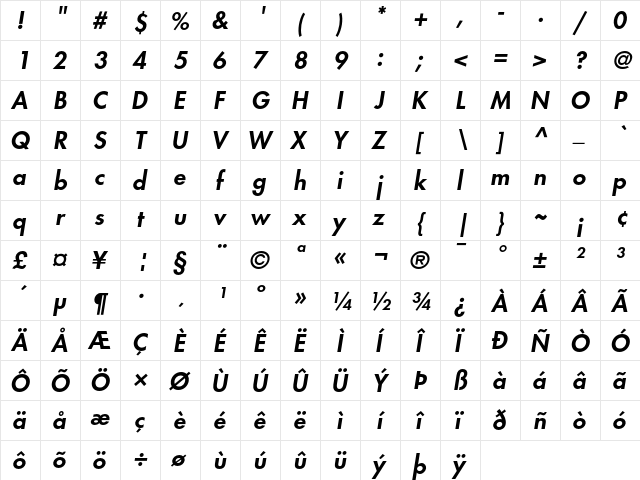 Futura Heavy Oblique  glyph index