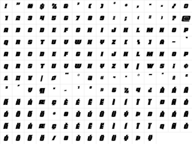 Elephant Gun Academy Italic Regular  glyph index