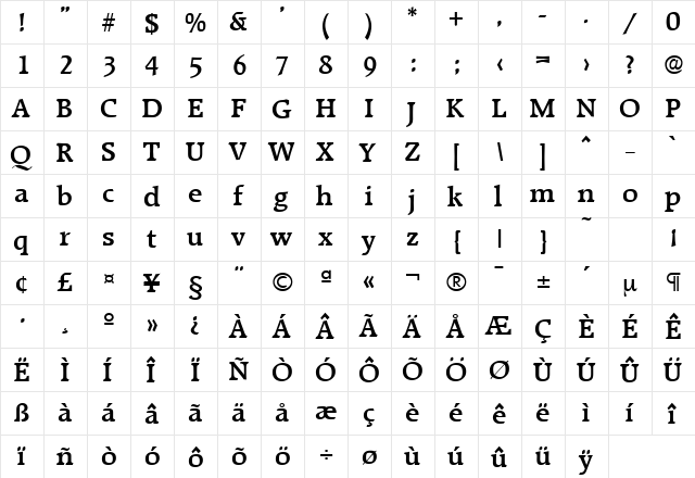 Raleigh-Serial-Medium Regular  glyph index