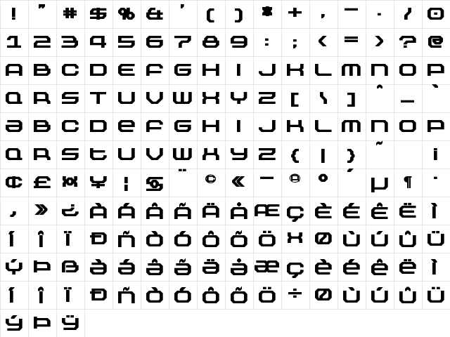 Outland Black Regular  glyph index