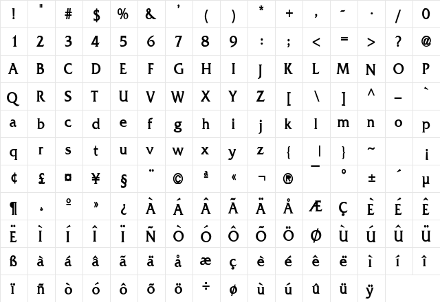 Franco Condensed Bold  glyph index