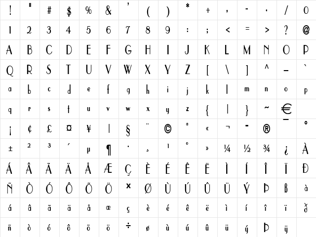 ParisCondensed Bold  glyph index