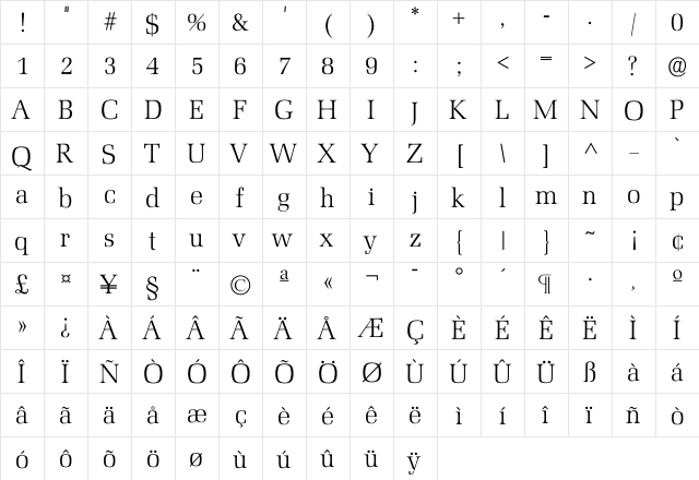 Marsei Light  glyph index