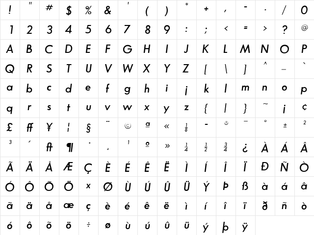 SansSerifFLF Regular  glyph index