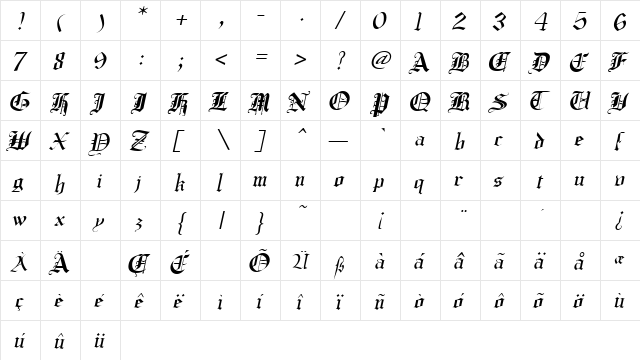 CrusaderGothic Italic  glyph index
