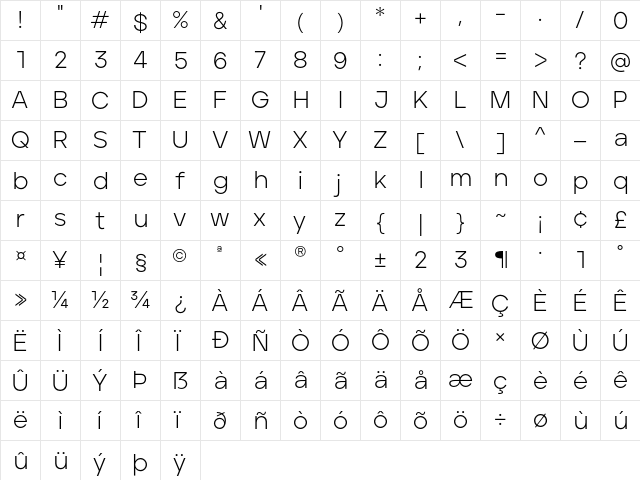 Aventa Personal Use Only Light  glyph index