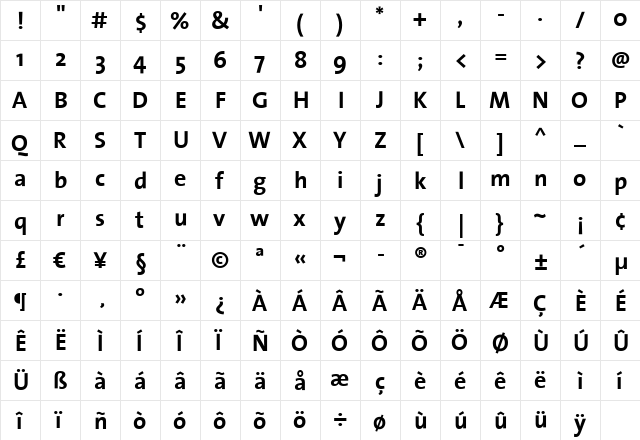 TheSans Bold  glyph index