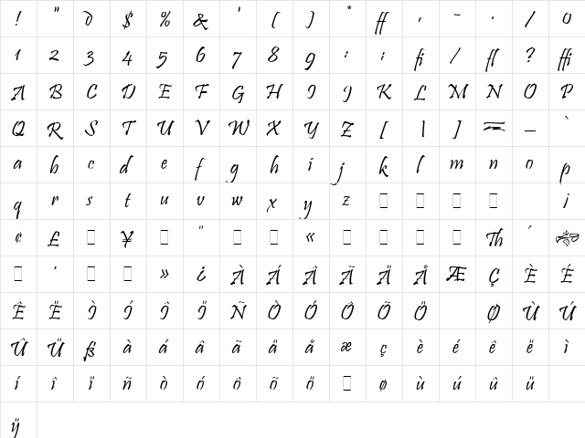 Pristina LET Plain  glyph index