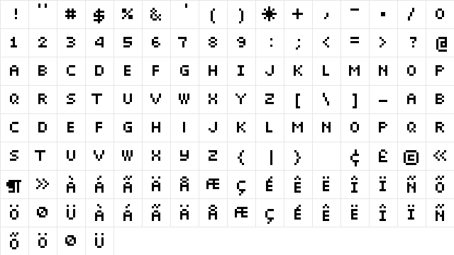 Pixelette Regular  glyph index