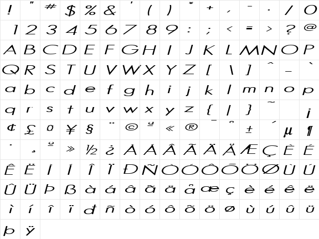 Hemet Bold Italic  glyph index