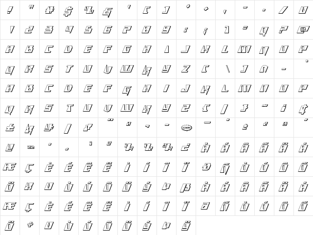 X-Racer 3D Regular  glyph index