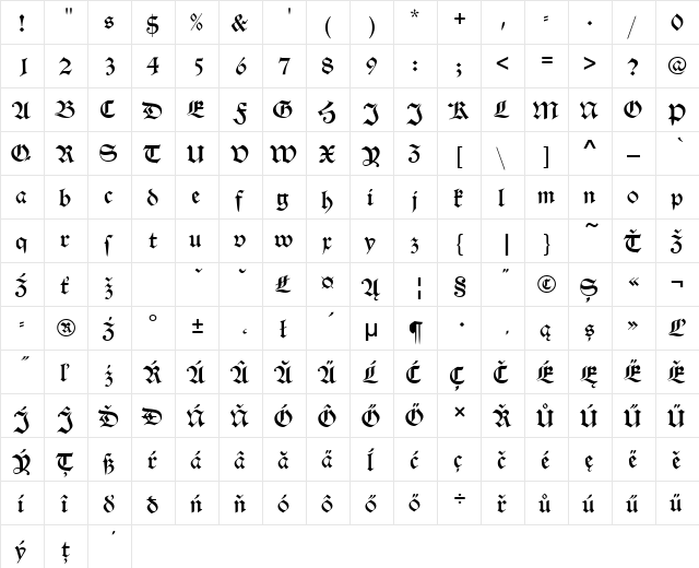 AlteSchDEE Regular  glyph index