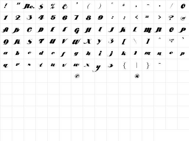 Poster Script Lhf Regular  glyph index