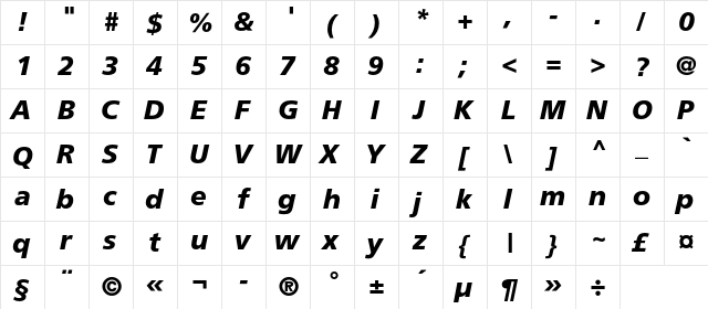 FreeSetBoldC Italic  glyph index