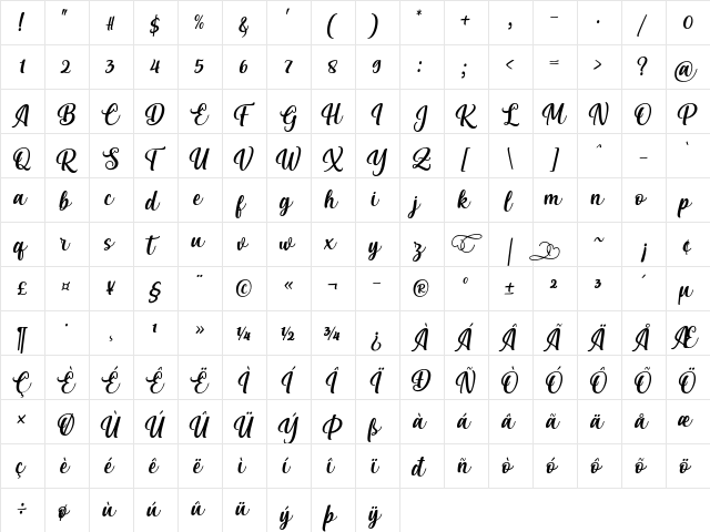 Vitalia Sesha Regular  glyph index