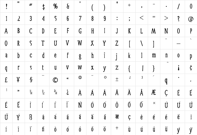 Cuty Regular  glyph index