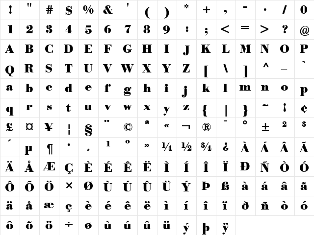 Bodoni BE Regular  glyph index
