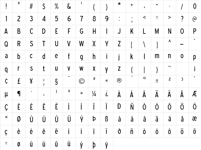 Expressway Condensed Book  glyph index