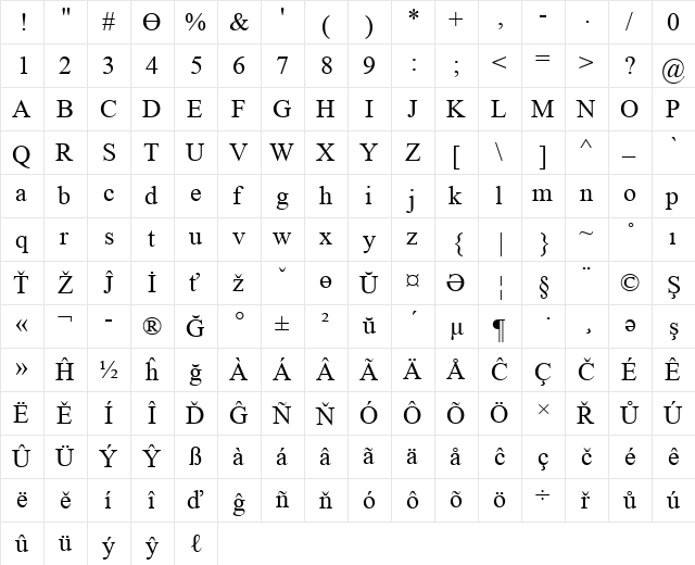 Liborsoft International Regular  glyph index