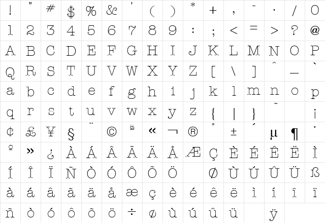 American Type Light Regular  glyph index