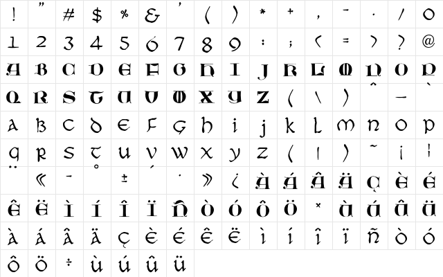 JMH Moreneta Regular  glyph index