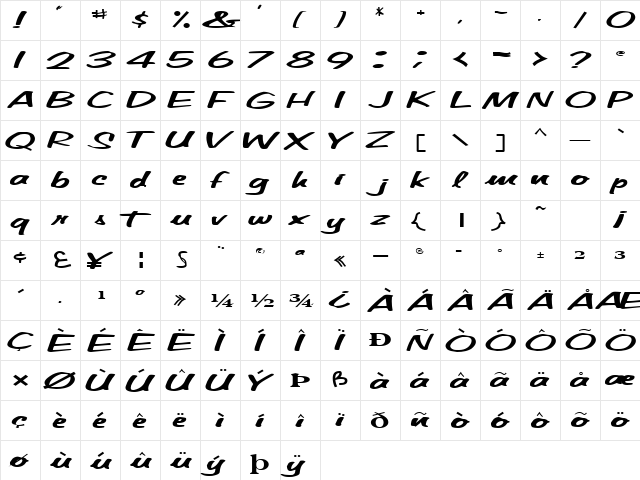 BetaTechFont65 Regular  glyph index