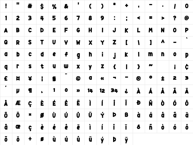 Yokelvision Regular  glyph index