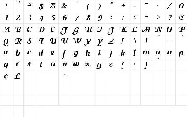 MaidenWord Italic  glyph index