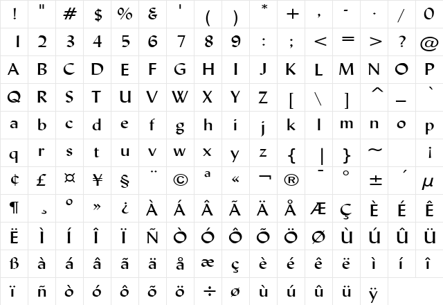 Lynda Wide Normal  glyph index