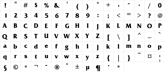 FrizQuadrataC Bold  glyph index